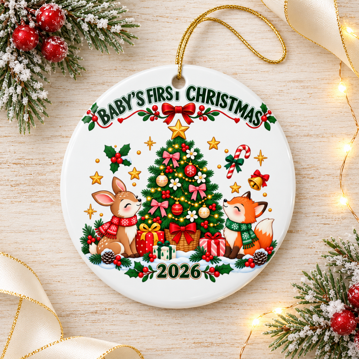 A round white ceramic Christmas ornament on a gold string, printed with "Baby's First Christmas" in green lettering under a red bow and holly garland, a deer and a fox in scarves beside a decorated tree with presents, and "2026".