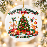 Baby First Christmas Ornament 2026, Woodland Deer and Fox Keepsake with Decorated Tree, Newborn Holiday Gift for Parents and Grandparents