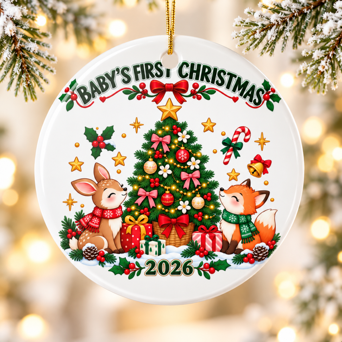 Baby First Christmas Ornament 2026, Woodland Deer and Fox Keepsake with Decorated Tree, Newborn Holiday Gift for Parents and Grandparents