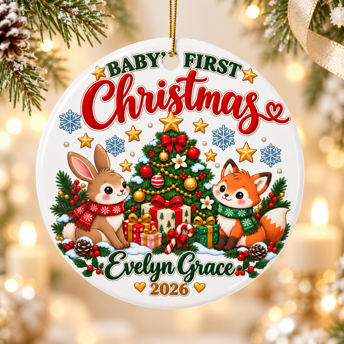 A round white ceramic Christmas ornament on a gold string, printed with "Baby's First Christmas" in green and red lettering over a bunny and a fox in scarves beside a decorated tree with presents, above a sample baby name in green script and "2026".