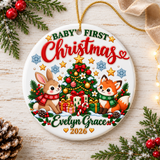 Personalized Baby First Christmas Ornament 2026, Custom Name Woodland Bunny and Fox Keepsake, Holiday Gift for New Parents and Grandbaby