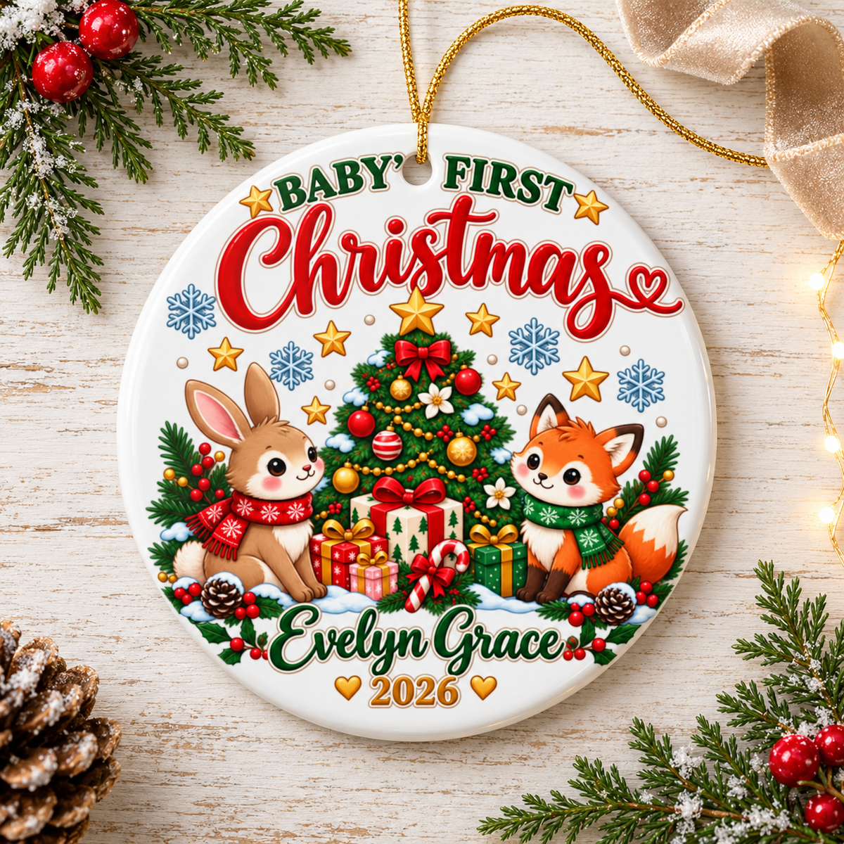 Personalized Baby First Christmas Ornament 2026, Custom Name Woodland Bunny and Fox Keepsake, Holiday Gift for New Parents and Grandbaby