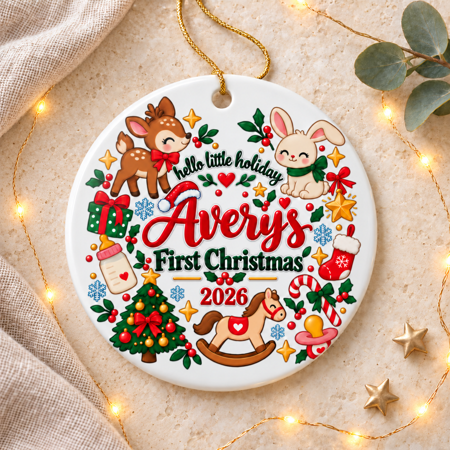 A round white ceramic Christmas ornament on a gold string, printed with "hello little holiday" and a sample baby name with "First Christmas" and "2026" in red and green lettering, ringed by a deer, a bunny, a rocking horse, a baby bottle, a stocking, a candy cane, a pacifier, a tree and a present.