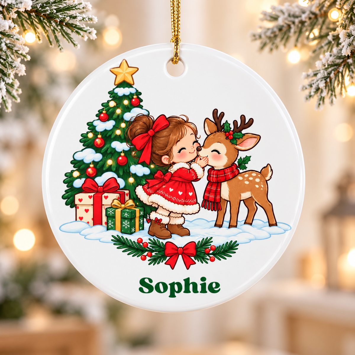 A round white ceramic Christmas ornament on a gold string, printed with a little girl in a red dress and hair bow kissing a deer in a plaid scarf beside a decorated Christmas tree and presents in the snow, above a holly garland and a sample girl's name in green.