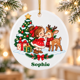 A round white ceramic Christmas ornament on a gold string, printed with a little girl in a red dress and hair bow kissing a deer in a plaid scarf beside a decorated Christmas tree and presents in the snow, above a holly garland and a sample girl's name in green.