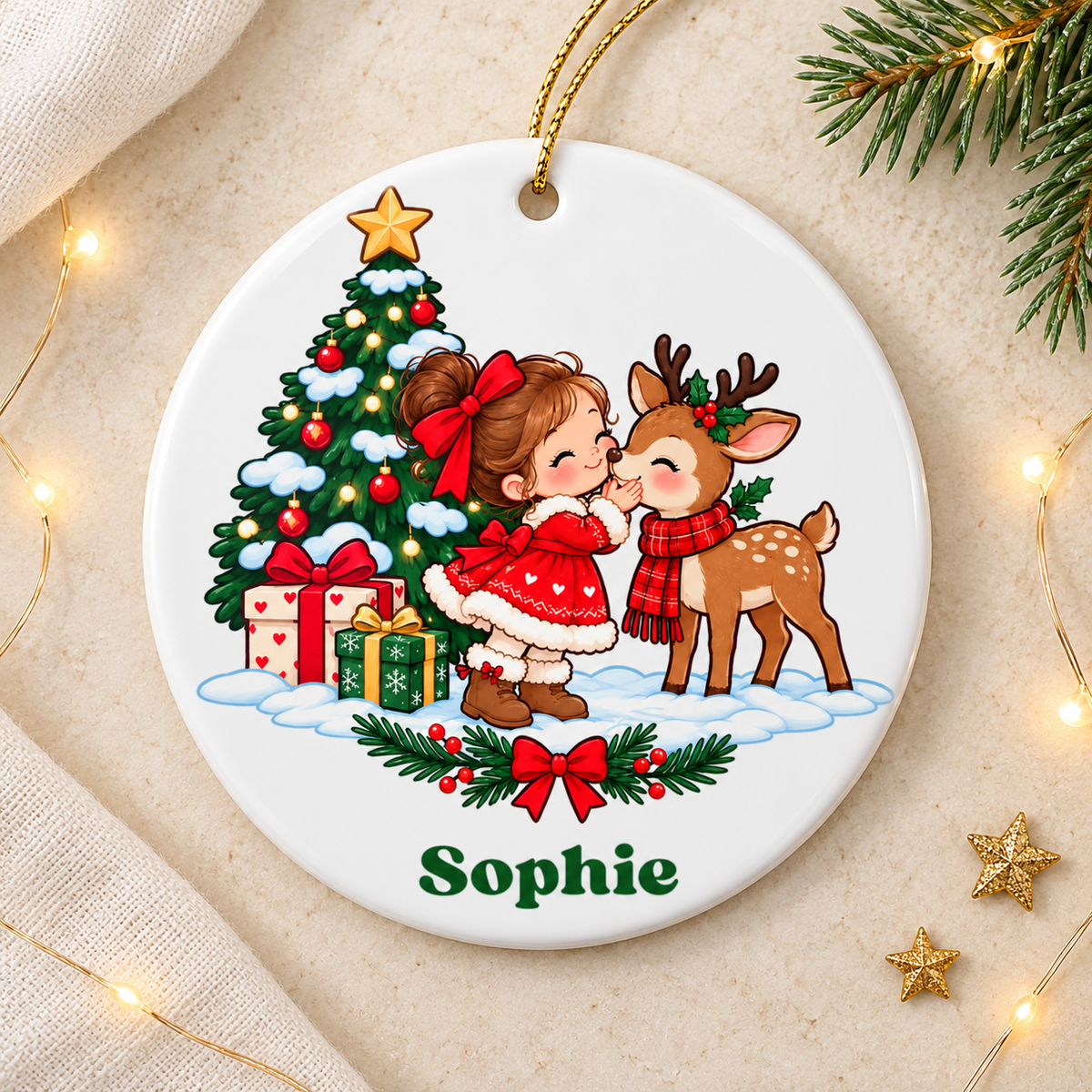 Personalized Girl Christmas Ornament, Custom Name Keepsake with Little Girl and Woodland Deer, Holiday Gift for Daughter or Granddaughter