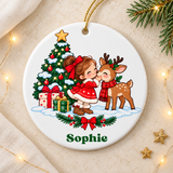 Personalized Girl Christmas Ornament, Custom Name Keepsake with Little Girl and Woodland Deer, Holiday Gift for Daughter or Granddaughter