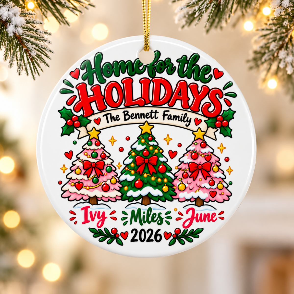 Personalized Family Christmas Ornament 2026, Custom Surname and Three Names with Pink and Green Trees, Home for the Holidays Keepsake Gift