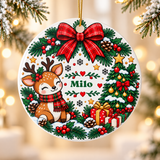 A round white ceramic Christmas ornament on a gold string, printed with a smiling deer in a red plaid scarf sitting in an evergreen wreath tied with a red plaid bow, beside a decorated tree and presents, with a sample child's name in green in the center.