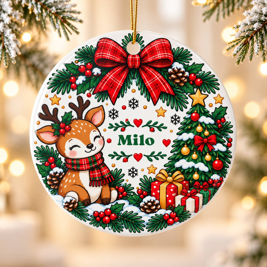 A round white ceramic Christmas ornament on a gold string, printed with a smiling deer in a red plaid scarf sitting in an evergreen wreath tied with a red plaid bow, beside a decorated tree and presents, with a sample child's name in green in the center.