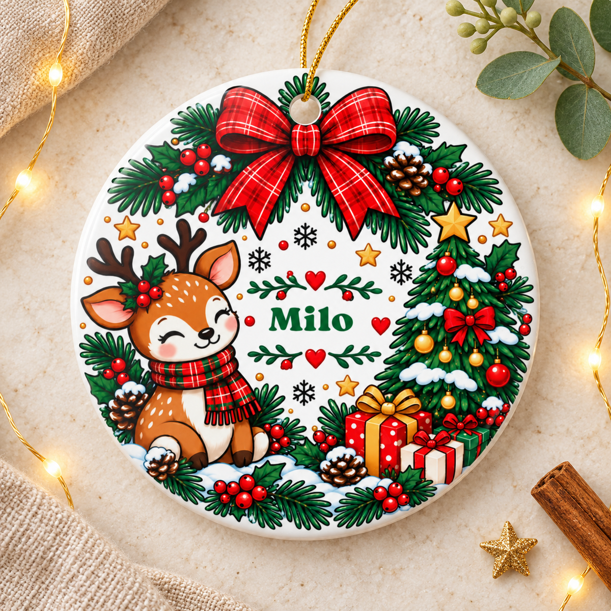 Personalized Deer Christmas Ornament, Custom Child Name in Evergreen Wreath with Red Plaid Bow, Woodland Holiday Keepsake Gift for Kids
