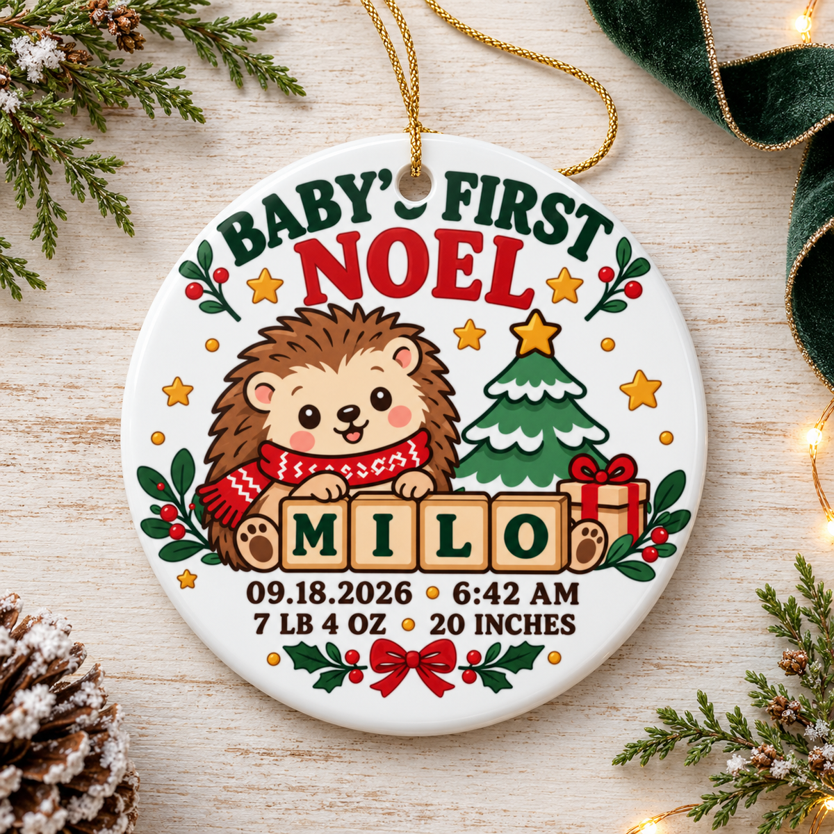 Personalized Baby Birth Stats Ornament, Hedgehog First Christmas Keepsake with Name Date Time Weight and Length, Newborn Gift for Parents