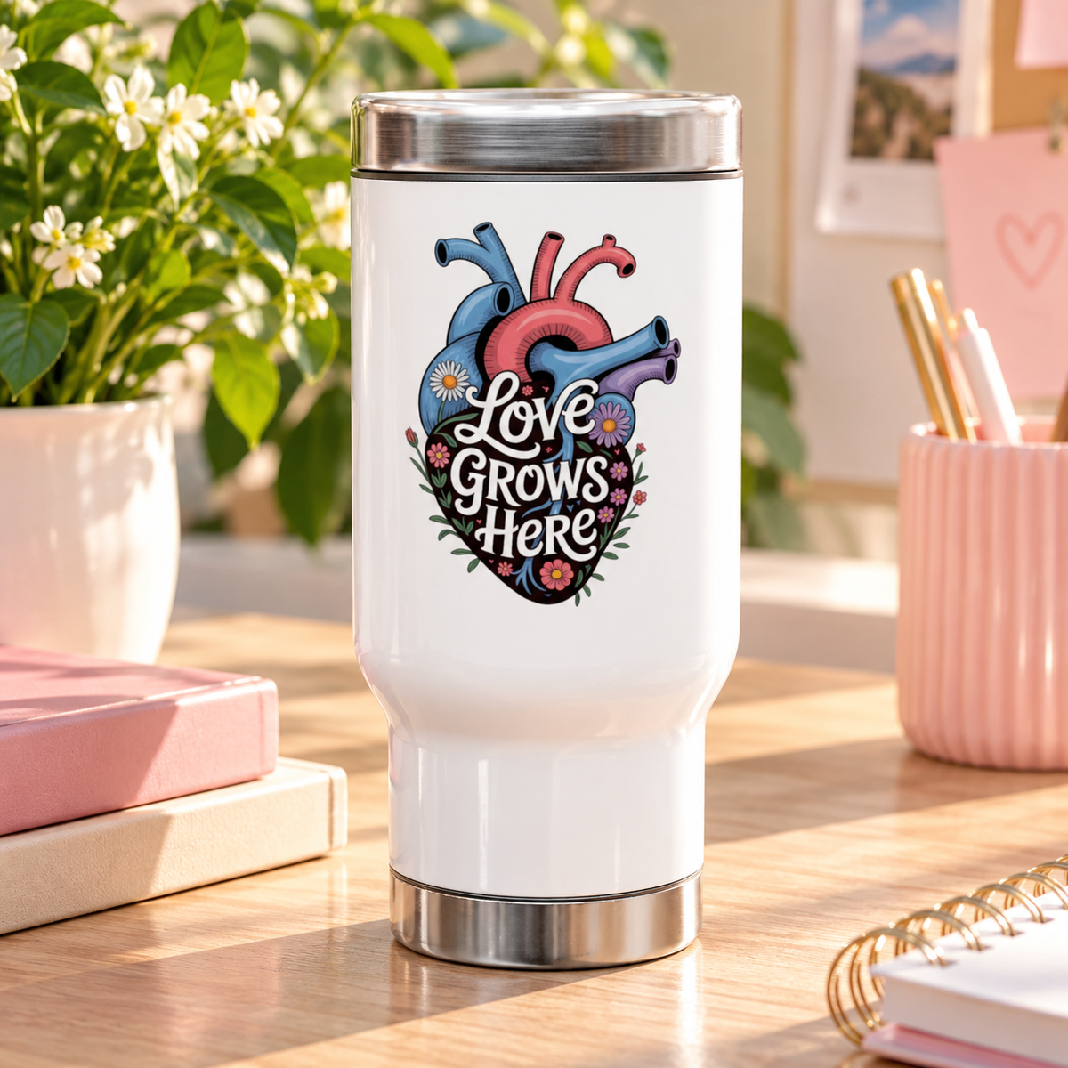 A white stainless steel travel mug with a silver lid and base, printed with "Love Grows Here" in white script on an anatomical heart in blue, red and purple, covered in daisies and small flowers.