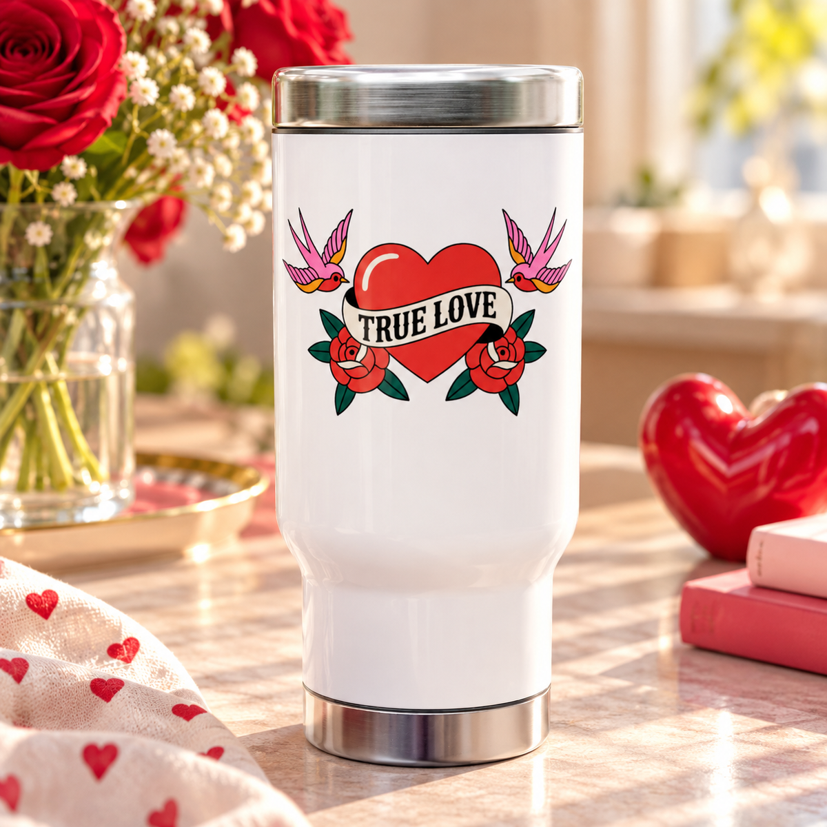 A white stainless steel travel mug with a silver lid and base, printed with a red heart wrapped in a "TRUE LOVE" banner between two red roses, with a pink swallow on each side, in retro tattoo style.