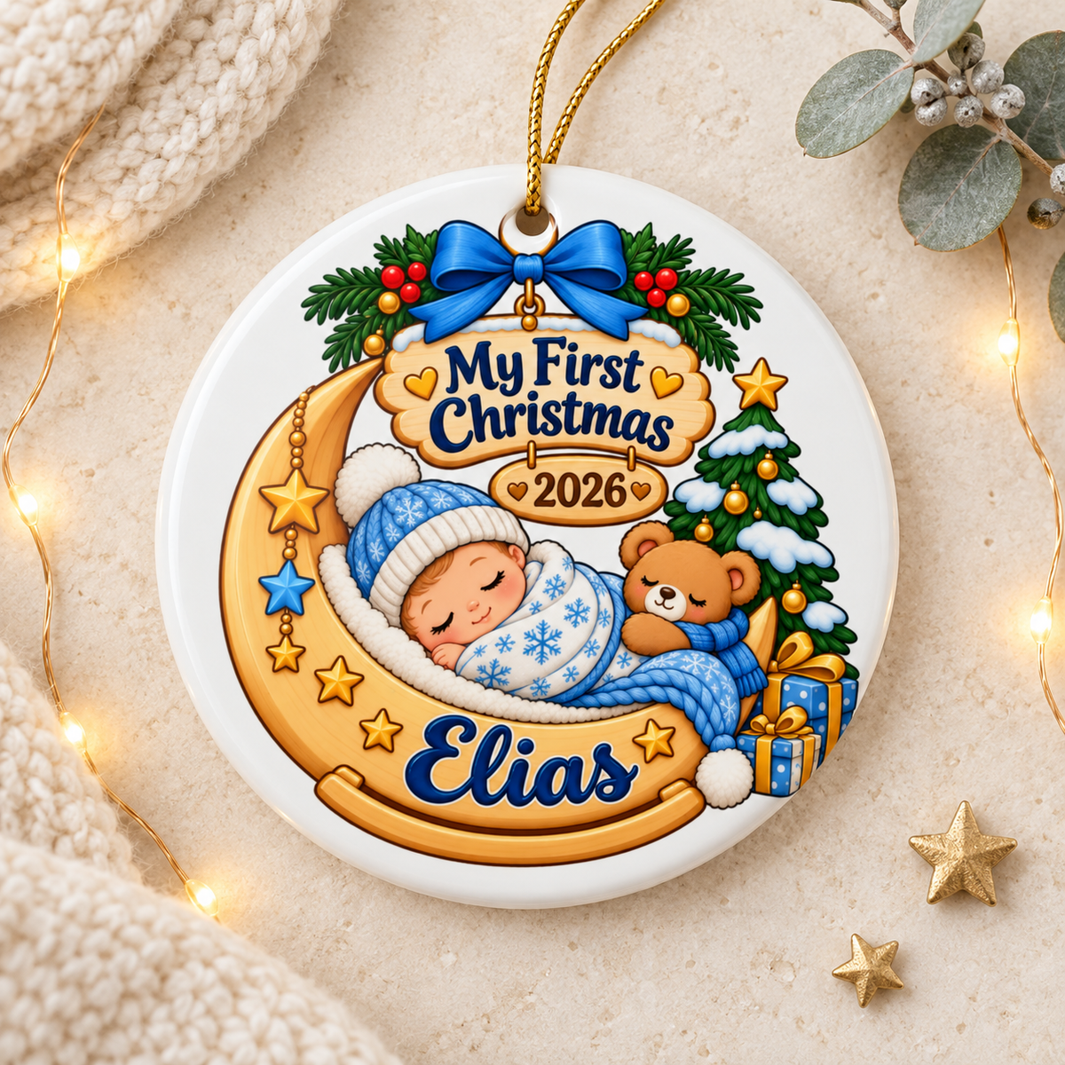 Personalized Baby First Christmas Ornament 2026, Blue Sleeping Baby on Crescent Moon, Custom Name Keepsake for New Parents and Grandparents