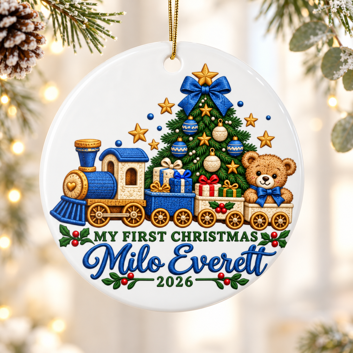 Personalized Baby First Christmas Train Ornament 2026, Blue Locomotive and Teddy Bear, Custom Name Keepsake Gift for New Parents and Baby