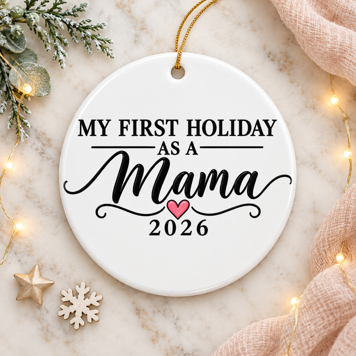 First Christmas as a Mom Ornament 2026, My First Holiday as a Mama Script Design with Pink Heart, New Mother Keepsake Gift for Her Tree