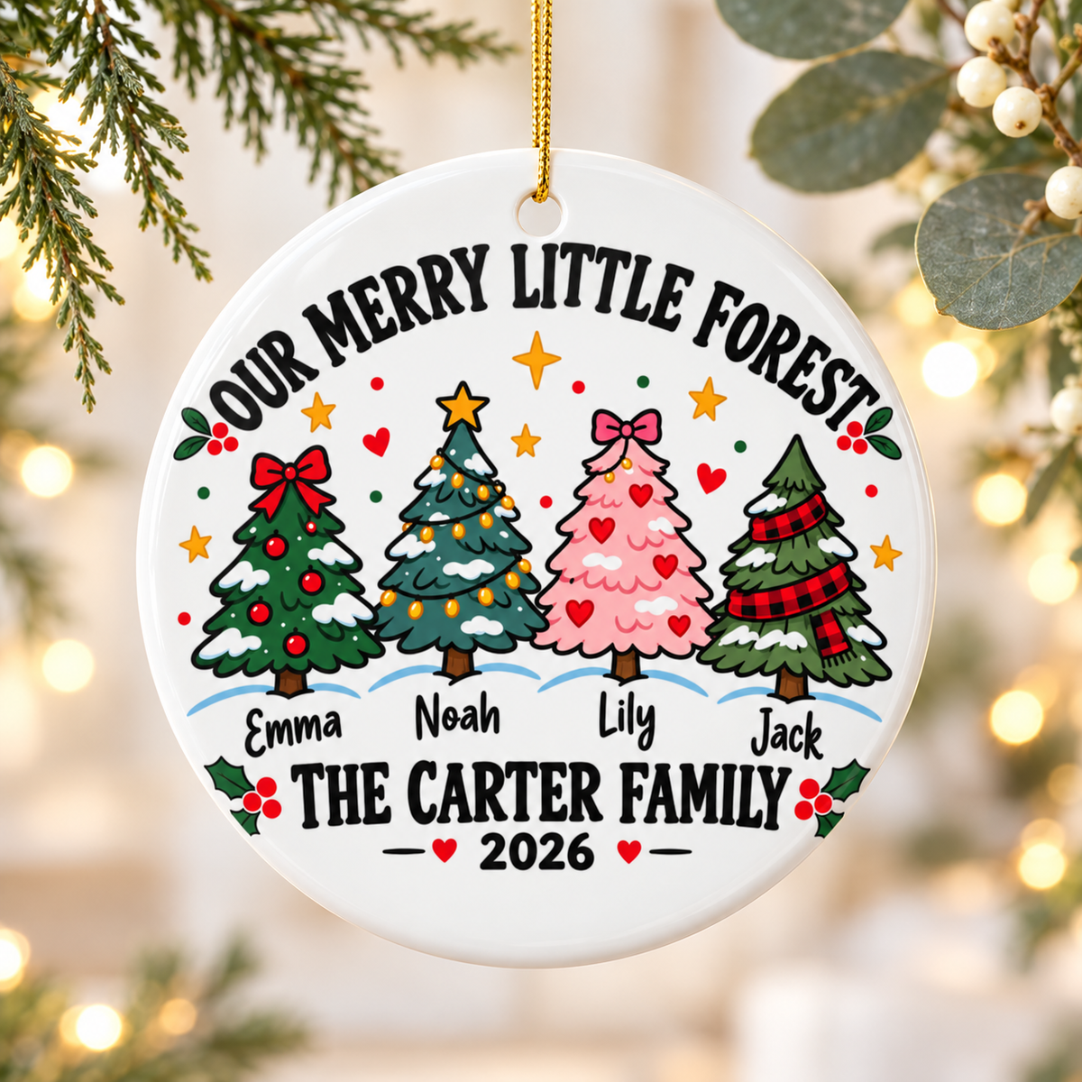 Personalized Family Christmas Tree Ornament 2026, Our Merry Little Forest with Four Names, Custom Surname Keepsake Gift for Parents and Kids