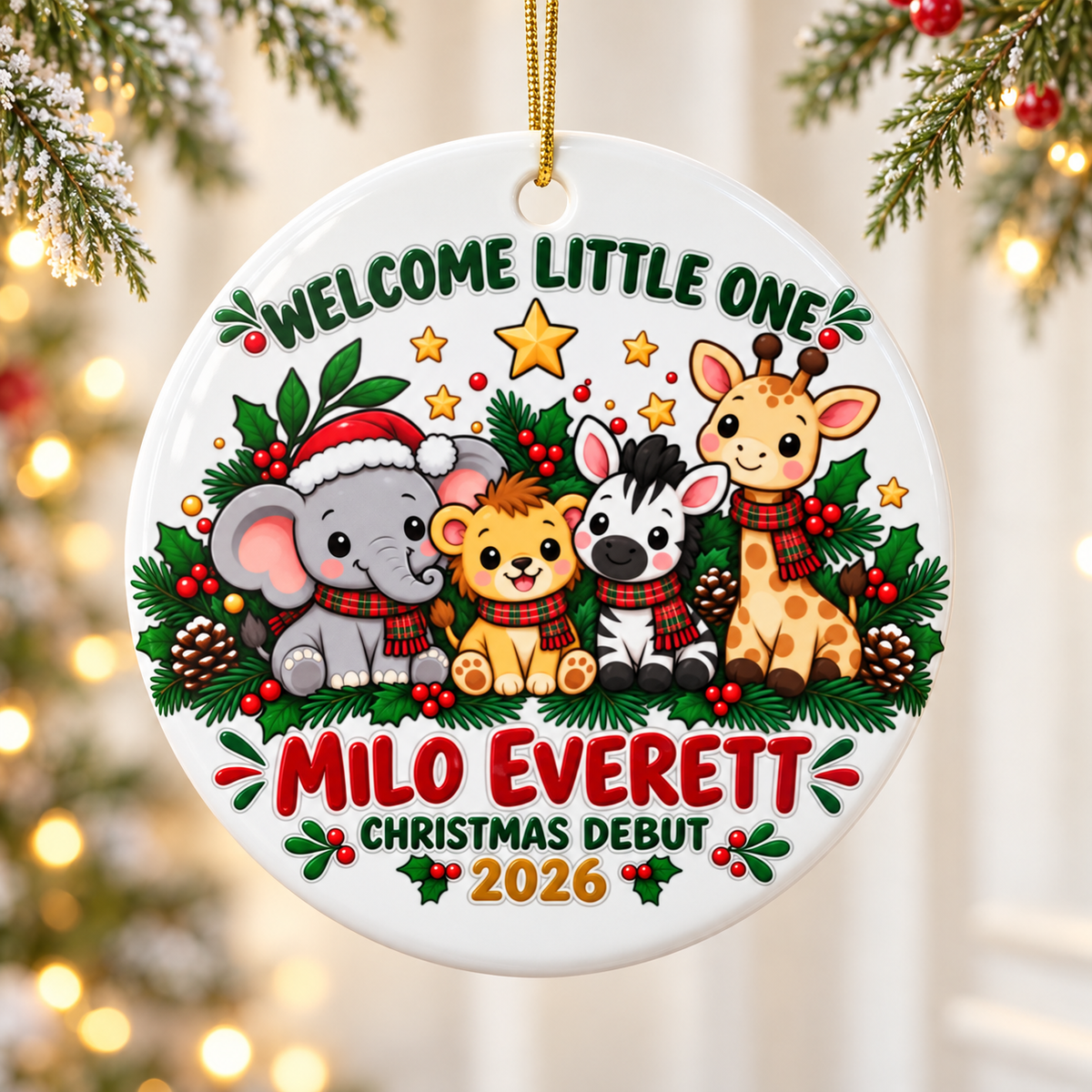 Personalized Baby First Christmas Safari Ornament 2026, Welcome Little One with Elephant and Giraffe, Custom Name Keepsake Gift for Newborn