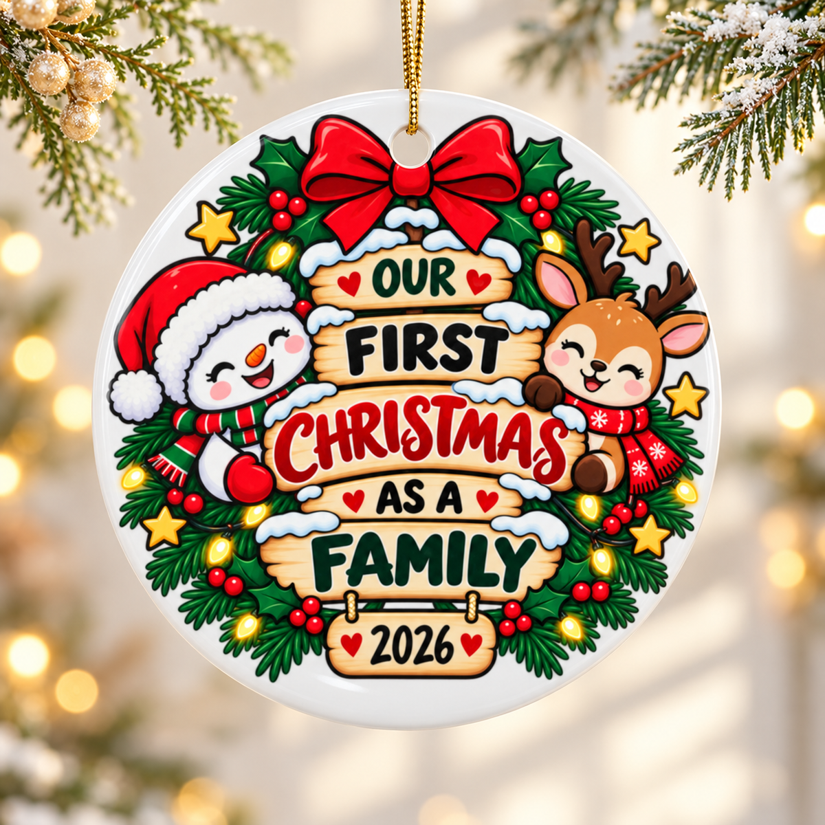 A round white ceramic Christmas ornament on a gold string, printed with "Our First Christmas as a Family" on snowy wooden signs under a red bow, with a smiling snowman in a Santa hat and a reindeer in a red scarf, an evergreen garland with berries, stars and lights, and "2026".