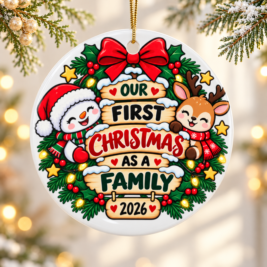 A round white ceramic Christmas ornament on a gold string, printed with "Our First Christmas as a Family" on snowy wooden signs under a red bow, with a smiling snowman in a Santa hat and a reindeer in a red scarf, an evergreen garland with berries, stars and lights, and "2026".