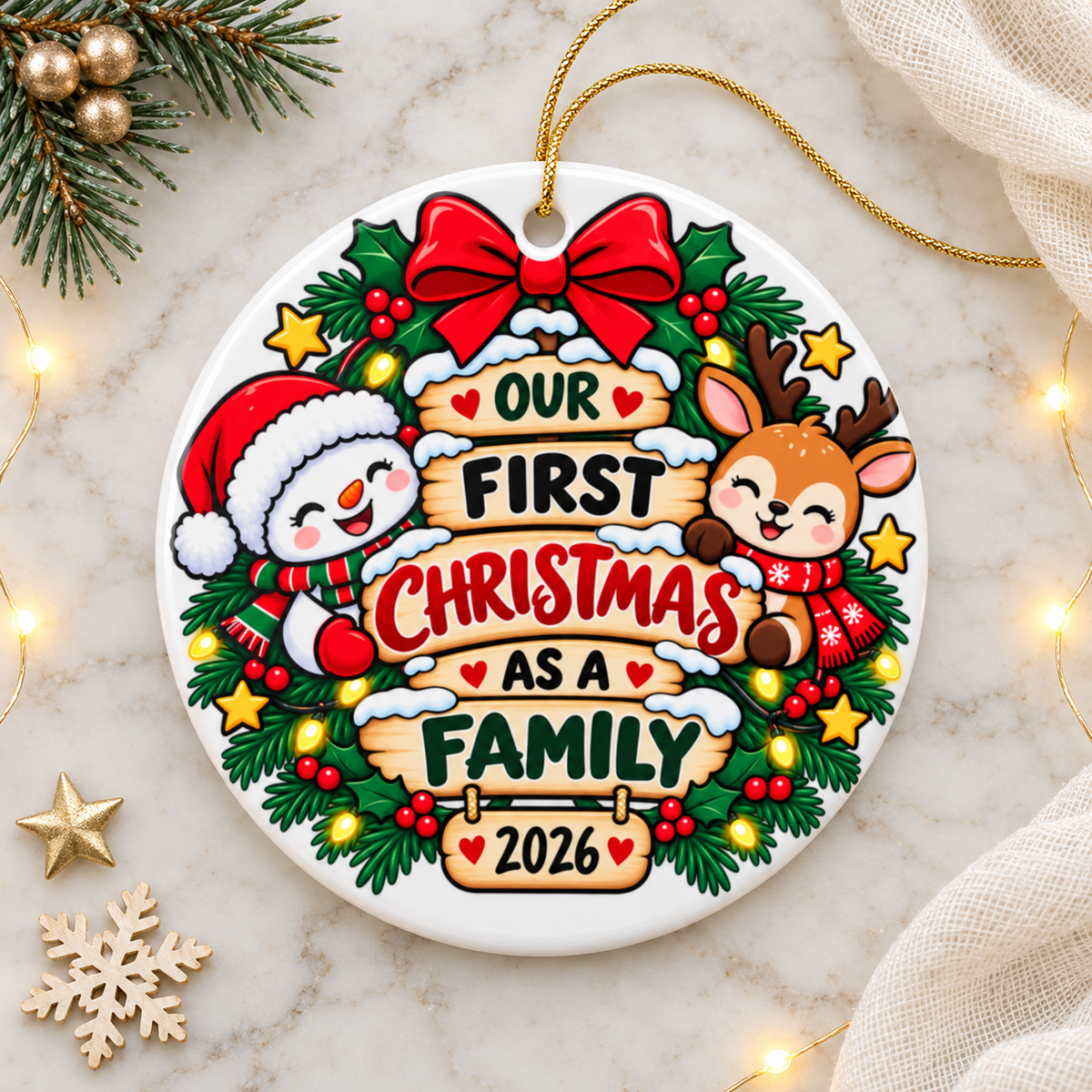 First Christmas as a Family Ornament 2026, Snowman and Reindeer with Festive Red Bow, Holiday Keepsake Gift for New Parents and New Families