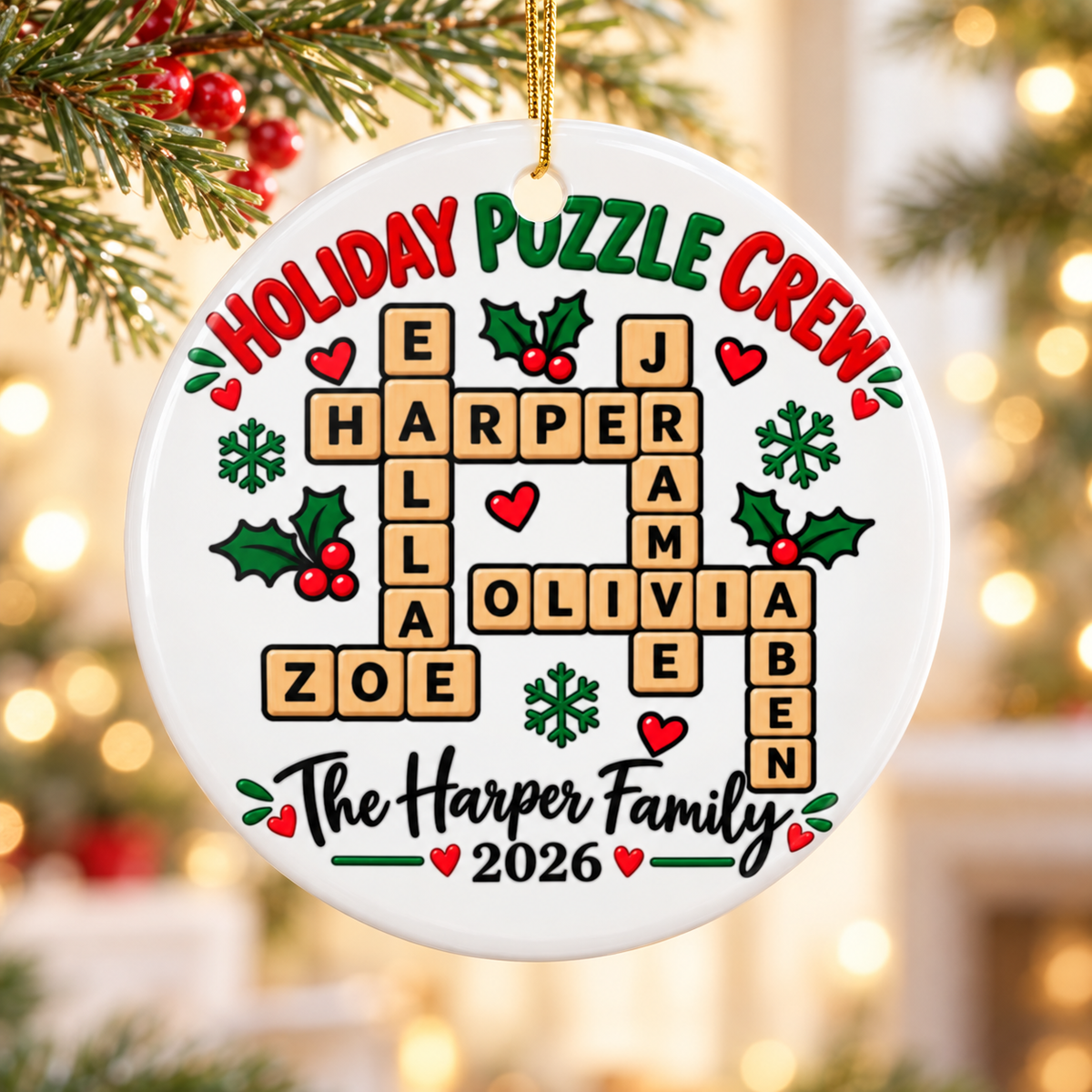 Personalized Family Crossword Christmas Ornament 2026, Holiday Puzzle Crew with Custom Names and Surname, Keepsake Gift for Board Game Fans