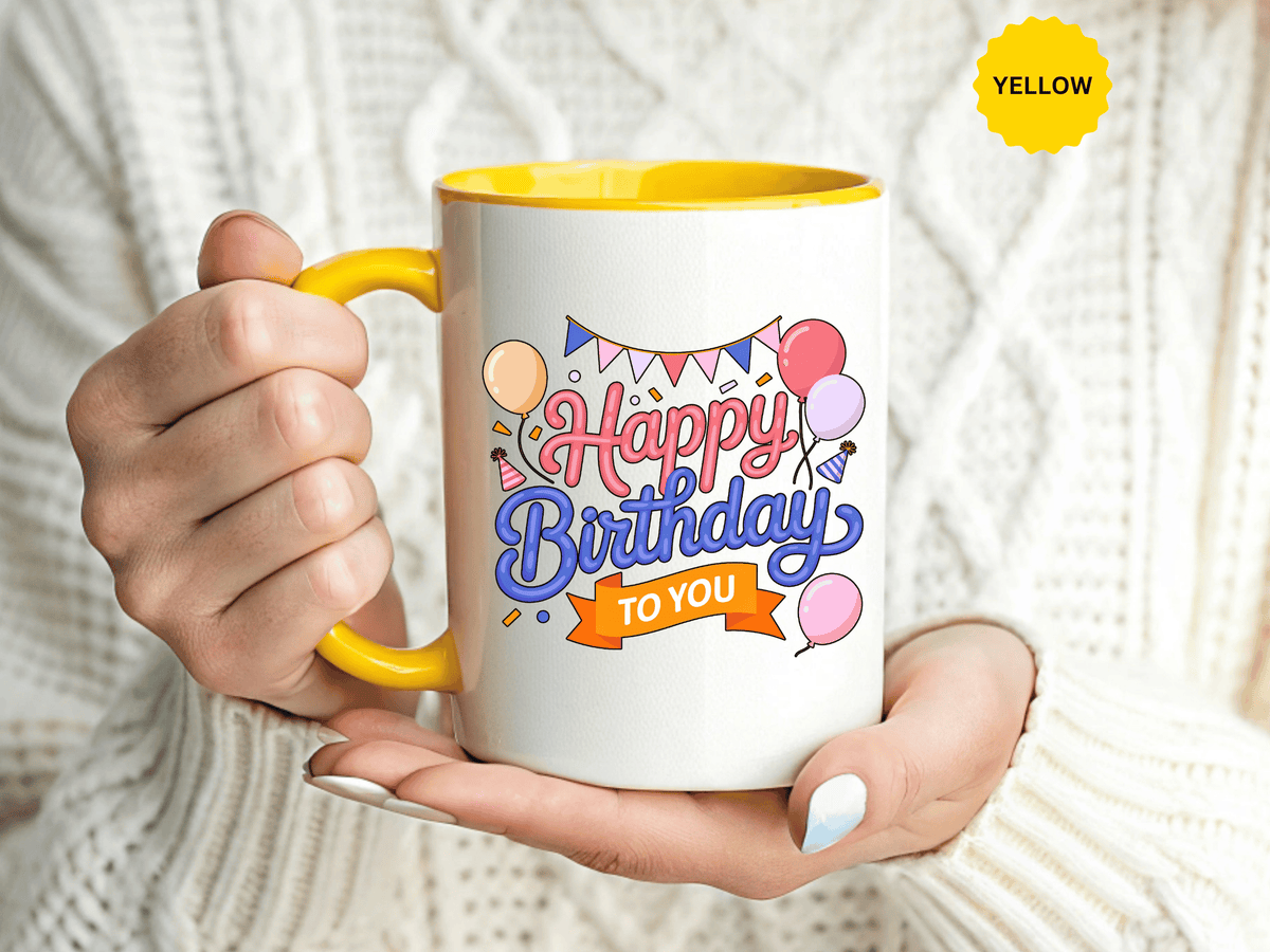 Happy Birthday to You Coffee Mug, Pink and Blue Balloons with Party Bunting, Cheerful Gift for a Sister or Best Friend's Daily Coffee Break