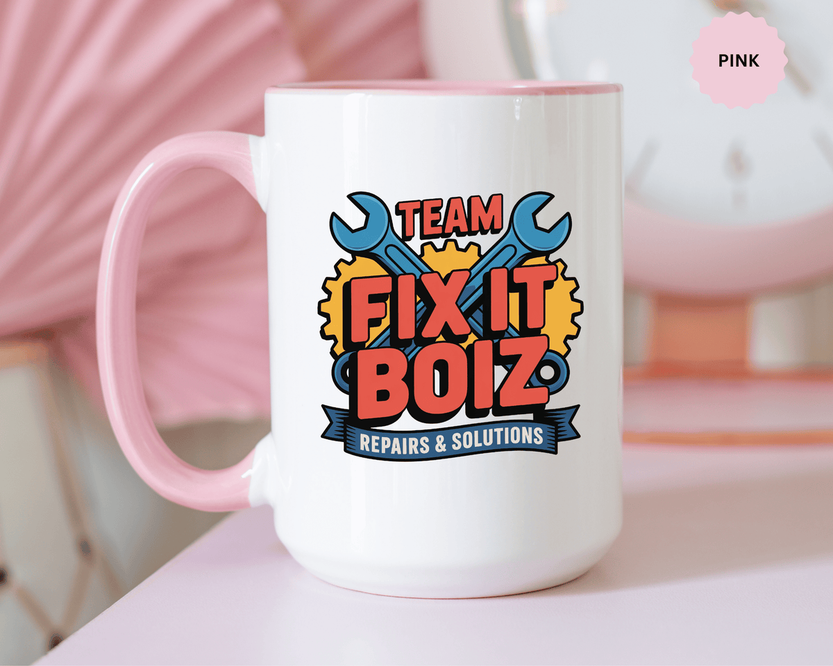 Mechanic Coffee Mug, Team Fix It Boiz Wrench and Gear Design, Handyman Gift for Dad or a Repair Crew Coworker, Workshop Coffee Break Cup