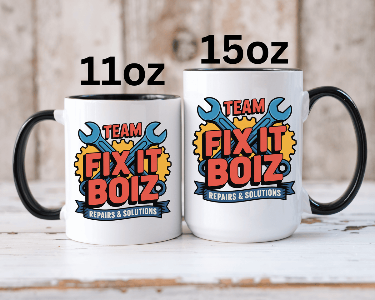 Mechanic Coffee Mug, Team Fix It Boiz Wrench and Gear Design, Handyman Gift for Dad or a Repair Crew Coworker, Workshop Coffee Break Cup