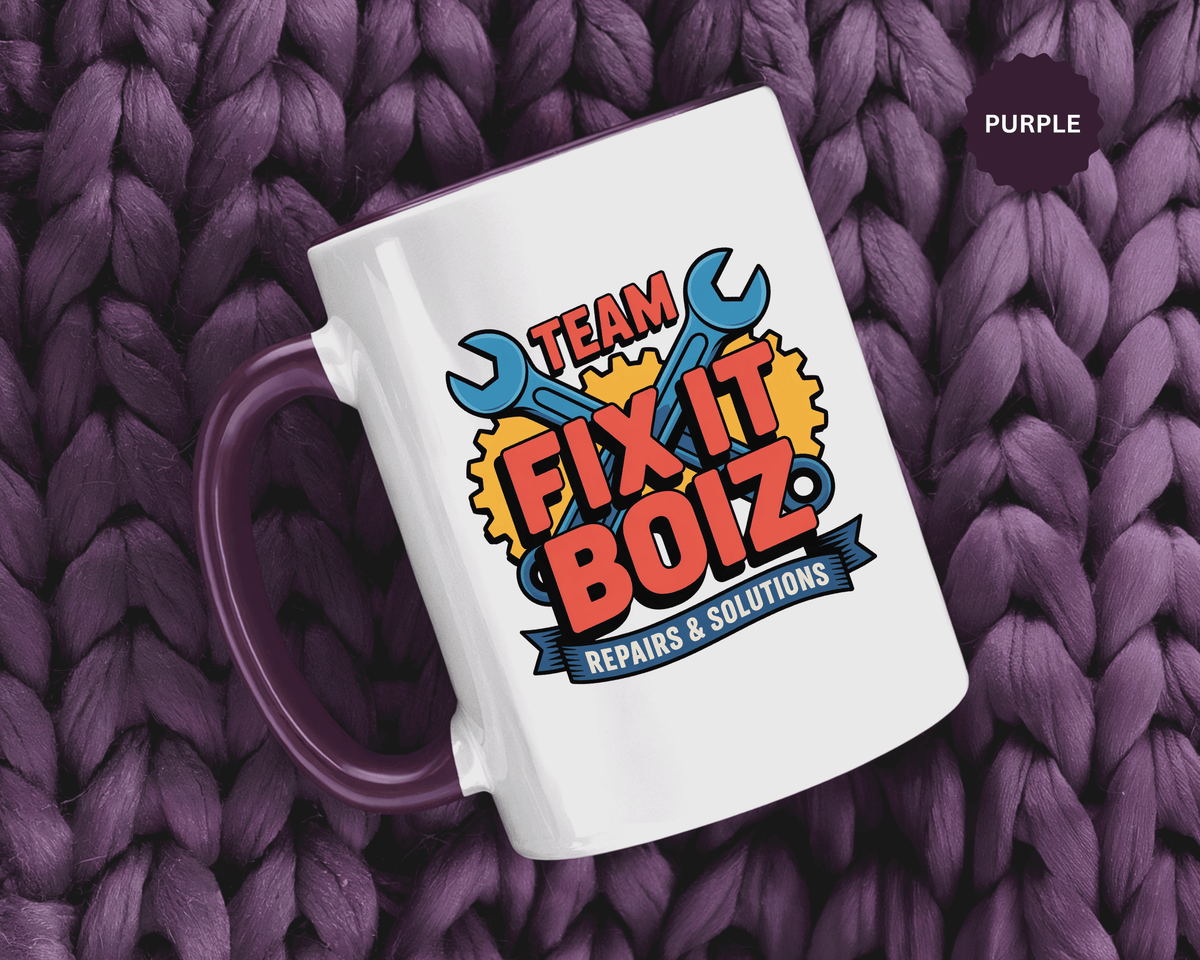 Mechanic Coffee Mug, Team Fix It Boiz Wrench and Gear Design, Handyman Gift for Dad or a Repair Crew Coworker, Workshop Coffee Break Cup