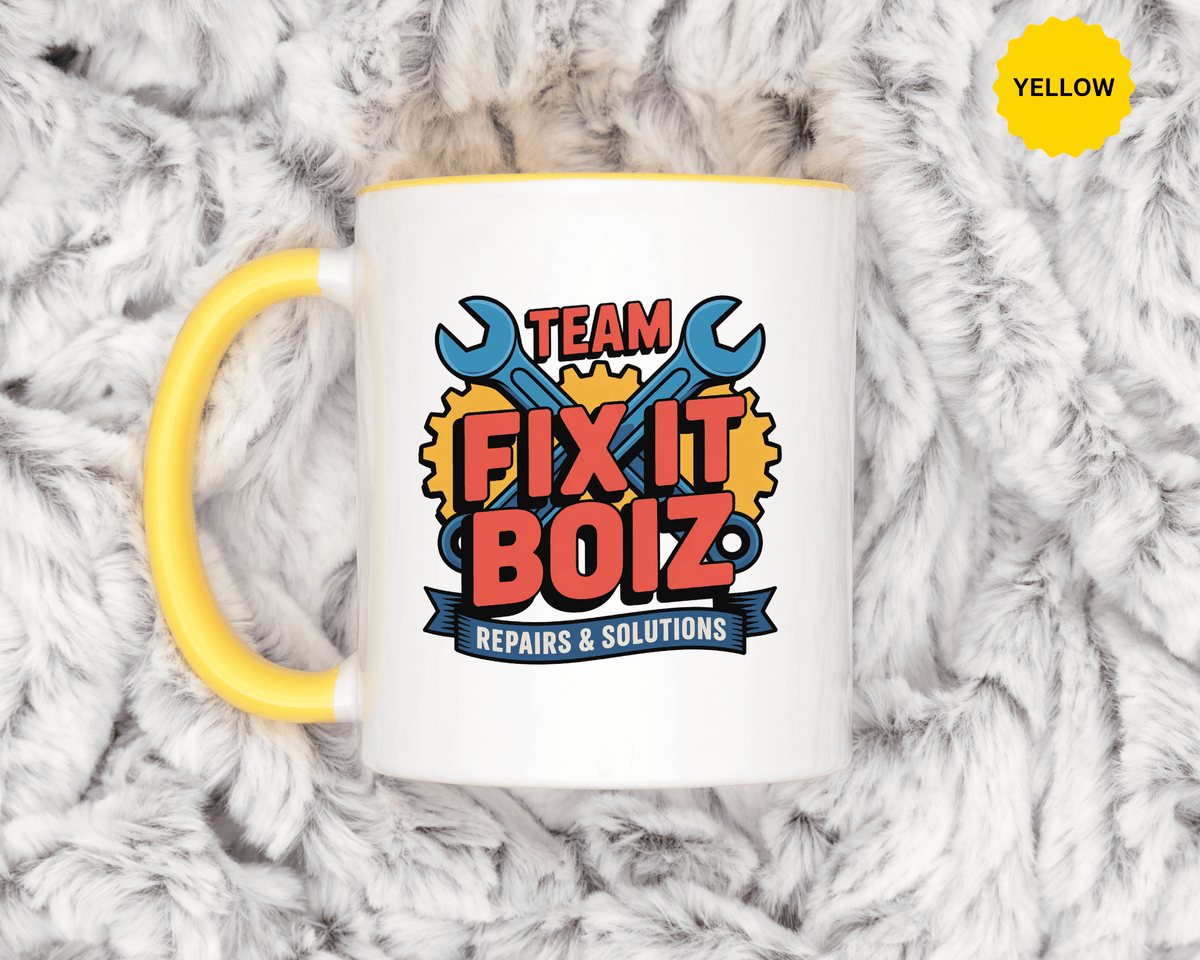 Mechanic Coffee Mug, Team Fix It Boiz Wrench and Gear Design, Handyman Gift for Dad or a Repair Crew Coworker, Workshop Coffee Break Cup