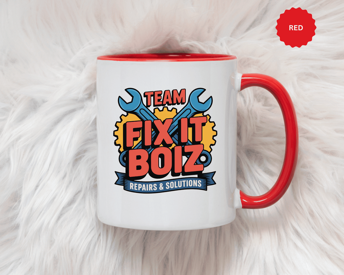 Mechanic Coffee Mug, Team Fix It Boiz Wrench and Gear Design, Handyman Gift for Dad or a Repair Crew Coworker, Workshop Coffee Break Cup