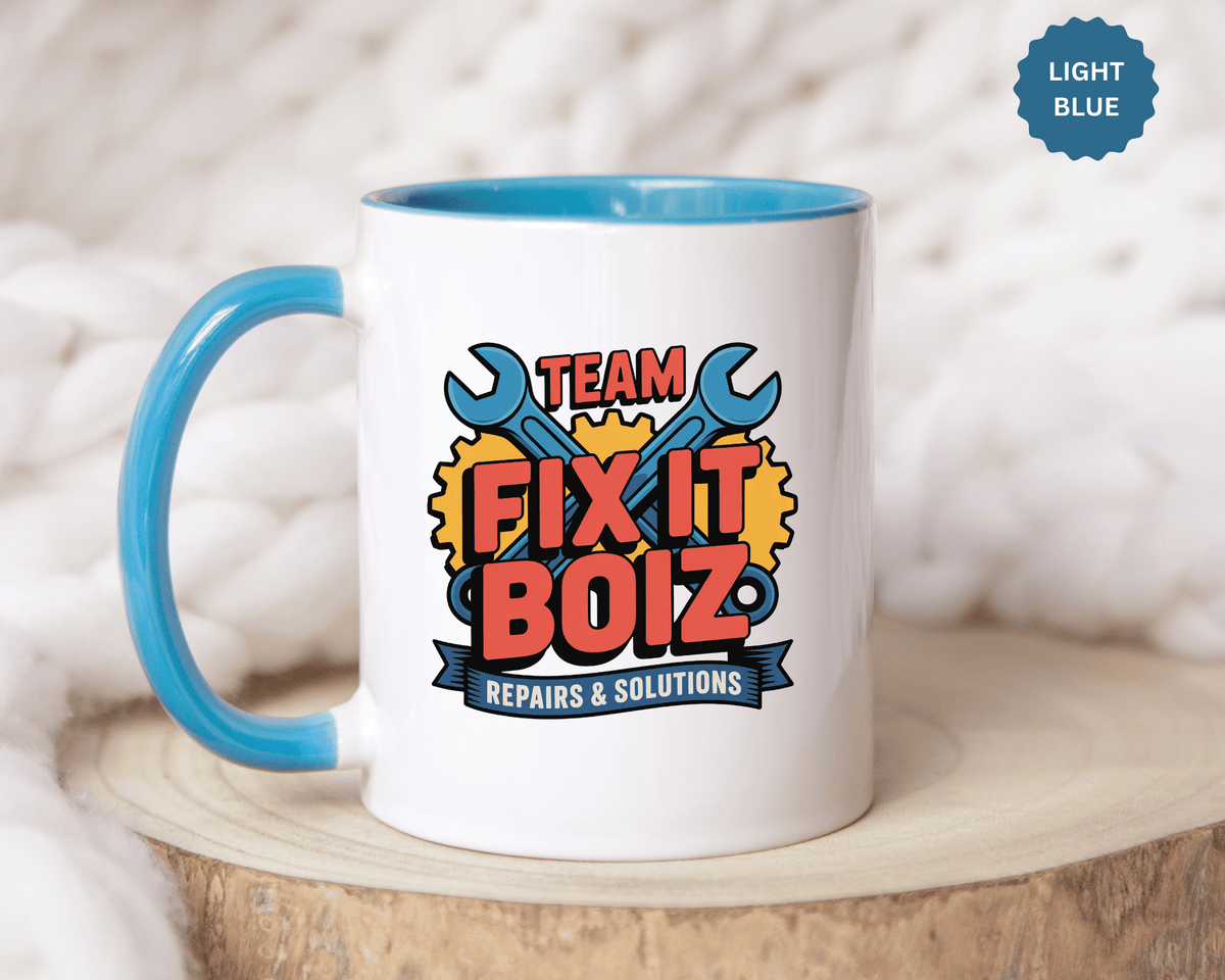 Mechanic Coffee Mug, Team Fix It Boiz Wrench and Gear Design, Handyman Gift for Dad or a Repair Crew Coworker, Workshop Coffee Break Cup