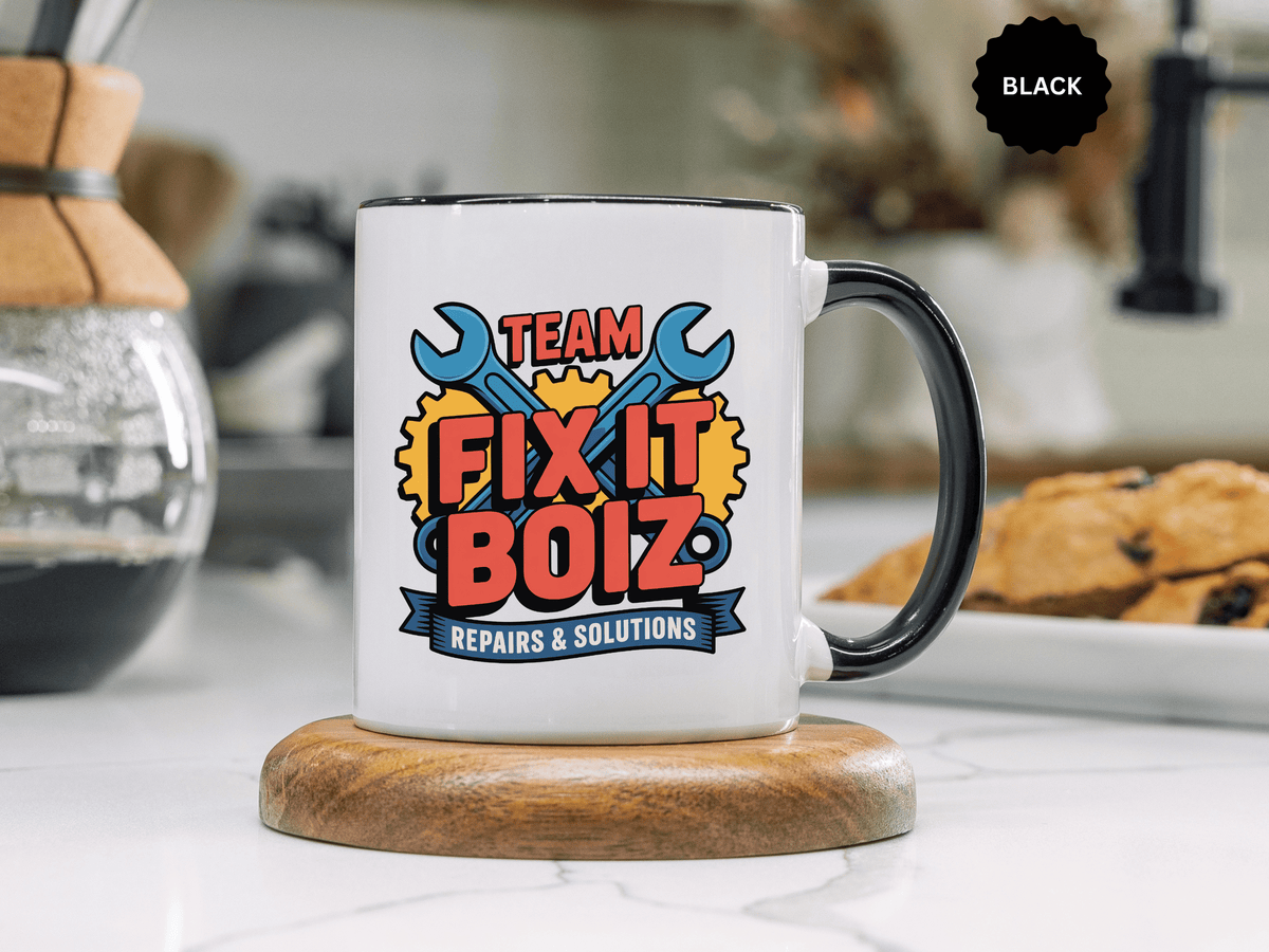 Mechanic Coffee Mug, Team Fix It Boiz Wrench and Gear Design, Handyman Gift for Dad or a Repair Crew Coworker, Workshop Coffee Break Cup