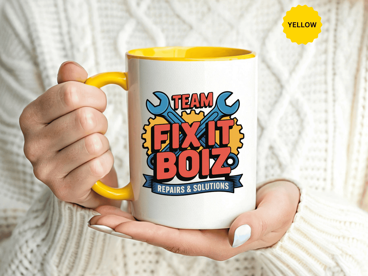 Mechanic Coffee Mug, Team Fix It Boiz Wrench and Gear Design, Handyman Gift for Dad or a Repair Crew Coworker, Workshop Coffee Break Cup