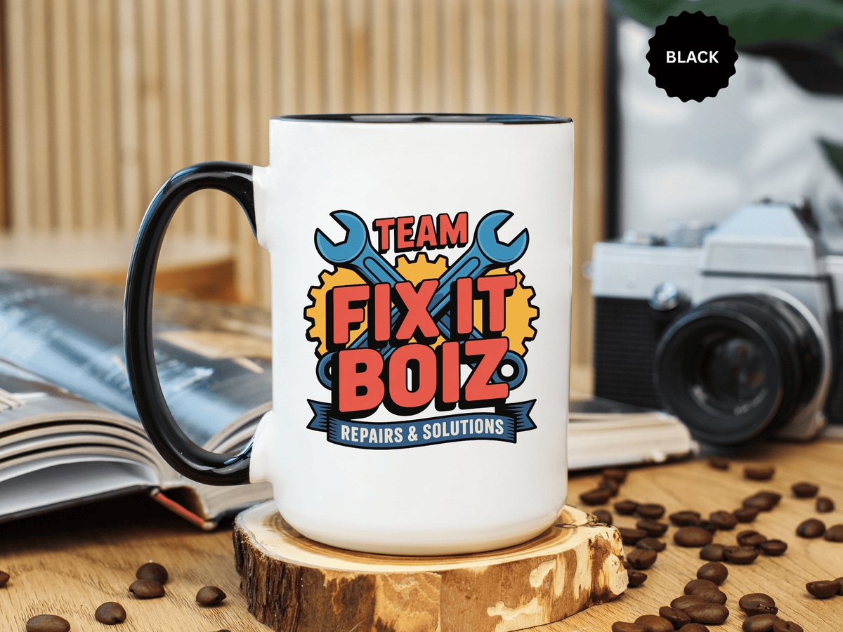 Mechanic Coffee Mug, Team Fix It Boiz Wrench and Gear Design, Handyman Gift for Dad or a Repair Crew Coworker, Workshop Coffee Break Cup