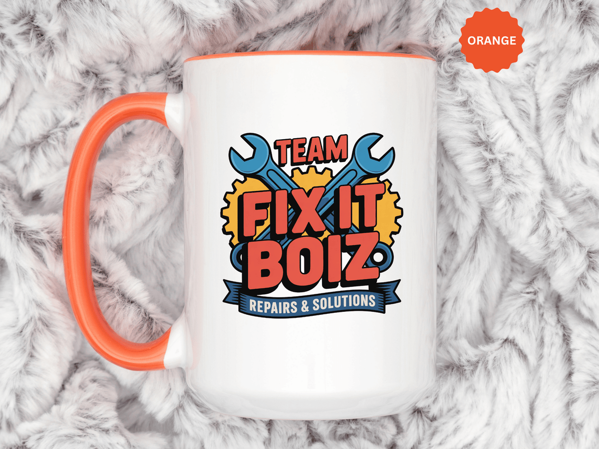 Mechanic Coffee Mug, Team Fix It Boiz Wrench and Gear Design, Handyman Gift for Dad or a Repair Crew Coworker, Workshop Coffee Break Cup