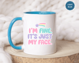 Funny Sarcastic Coffee Mug, I'm Fine It's Just My Face Pastel Quote, Sassy Birthday Gift for a Best Friend or Coworker's Office Coffee Break