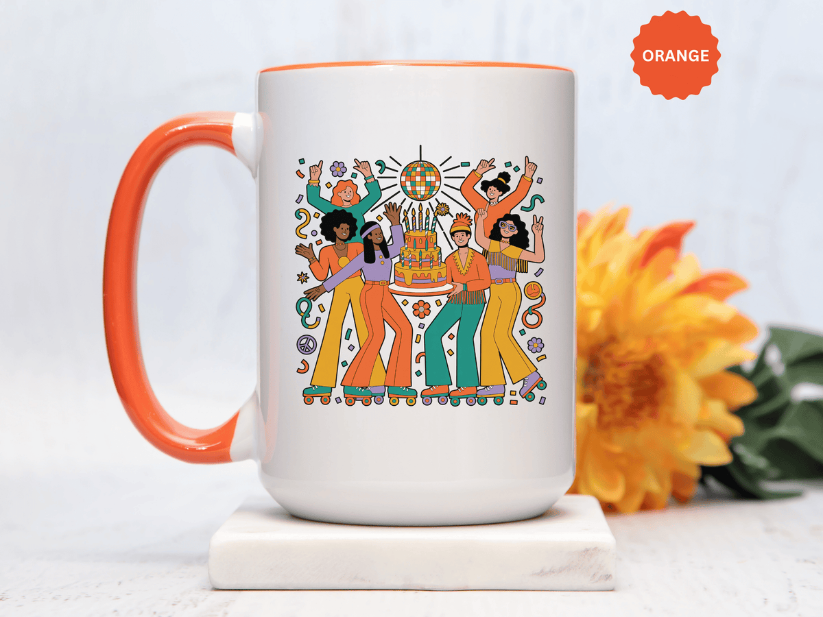 Retro Disco Birthday Coffee Mug, 70s Roller Skating Party Design, Groovy Gift for a Skater Friend Who Loves Colorful Nostalgic Drinkware