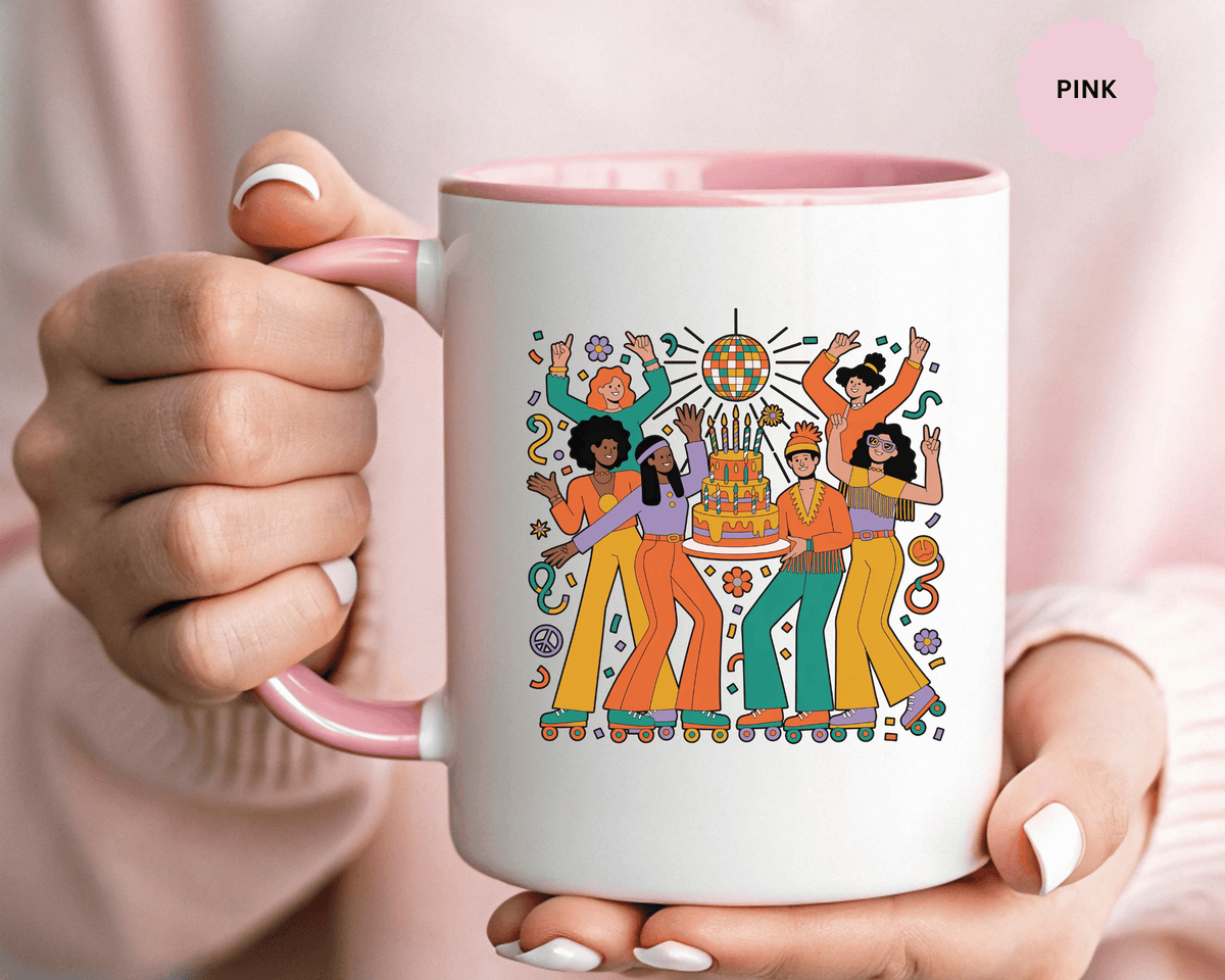 Retro Disco Birthday Coffee Mug, 70s Roller Skating Party Design, Groovy Gift for a Skater Friend Who Loves Colorful Nostalgic Drinkware