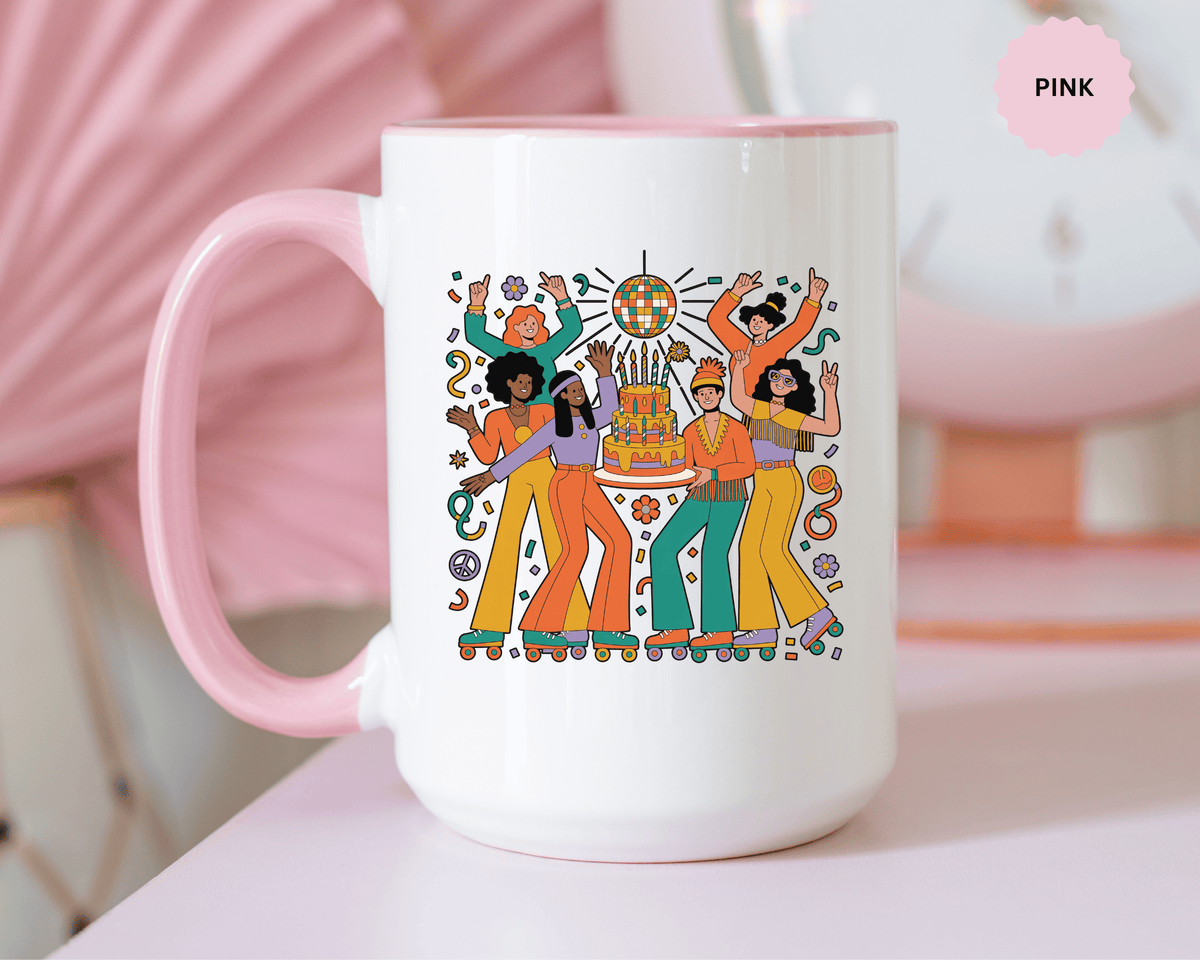 Retro Disco Birthday Coffee Mug, 70s Roller Skating Party Design, Groovy Gift for a Skater Friend Who Loves Colorful Nostalgic Drinkware