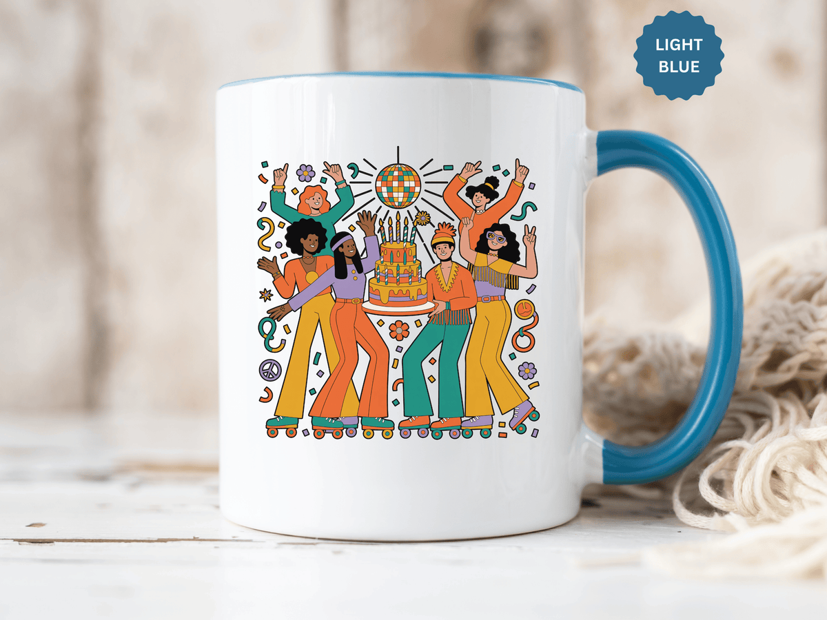 Retro Disco Birthday Coffee Mug, 70s Roller Skating Party Design, Groovy Gift for a Skater Friend Who Loves Colorful Nostalgic Drinkware