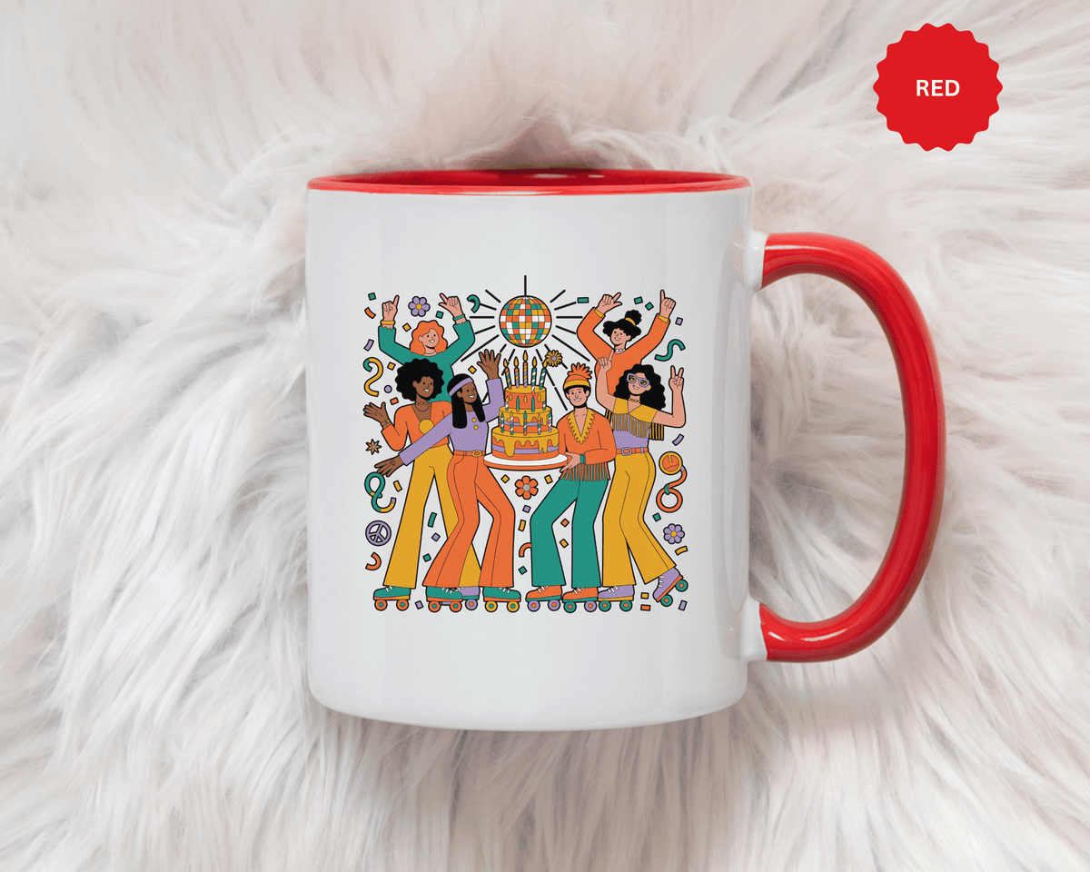 Retro Disco Birthday Coffee Mug, 70s Roller Skating Party Design, Groovy Gift for a Skater Friend Who Loves Colorful Nostalgic Drinkware