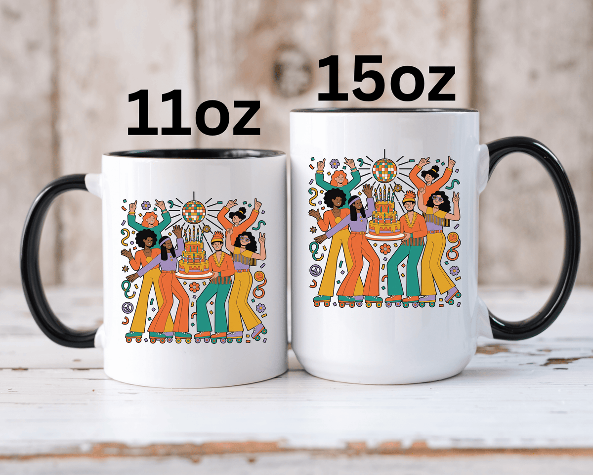 Retro Disco Birthday Coffee Mug, 70s Roller Skating Party Design, Groovy Gift for a Skater Friend Who Loves Colorful Nostalgic Drinkware