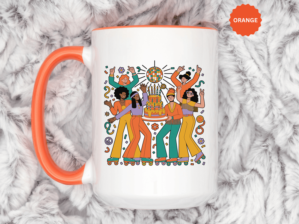Retro Disco Birthday Coffee Mug, 70s Roller Skating Party Design, Groovy Gift for a Skater Friend Who Loves Colorful Nostalgic Drinkware