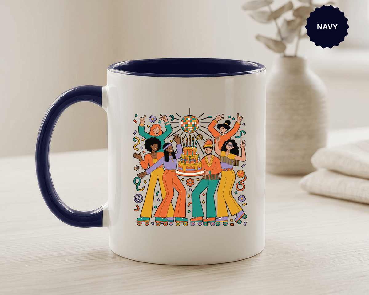Retro Disco Birthday Coffee Mug, 70s Roller Skating Party Design, Groovy Gift for a Skater Friend Who Loves Colorful Nostalgic Drinkware