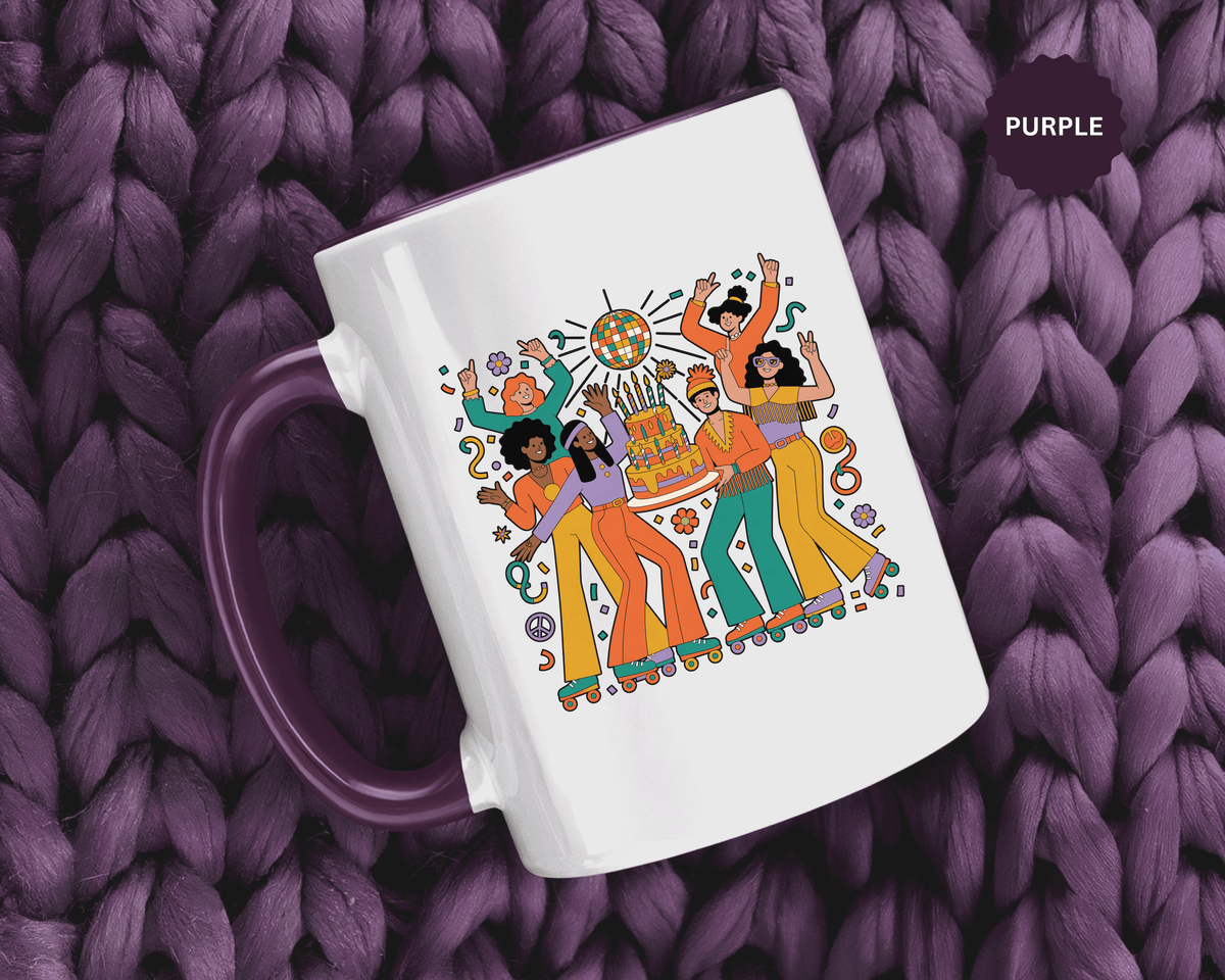 Retro Disco Birthday Coffee Mug, 70s Roller Skating Party Design, Groovy Gift for a Skater Friend Who Loves Colorful Nostalgic Drinkware