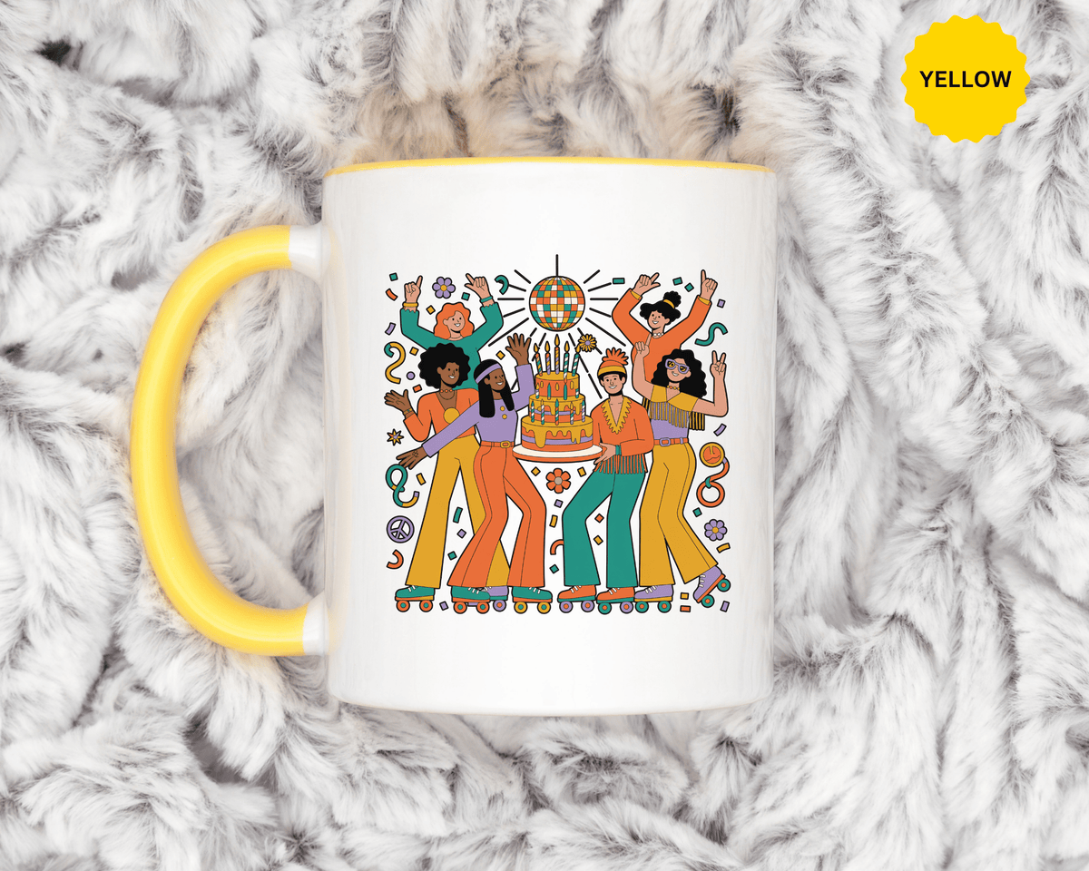 Retro Disco Birthday Coffee Mug, 70s Roller Skating Party Design, Groovy Gift for a Skater Friend Who Loves Colorful Nostalgic Drinkware