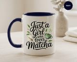 Matcha Lover Mug, Just a Girl Who Loves Matcha Quote, Green Tea and Whisk Design, Birthday Gift for a Friend Who Enjoys Cozy Morning Rituals